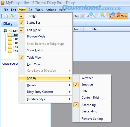 Tùy chọn với Efficient Diary