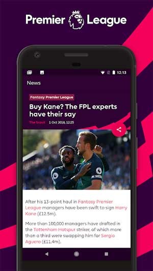 Giao diện ứng dụng Premier League trên Android