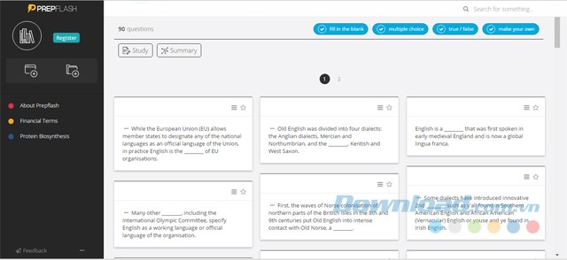Giao diện chính của ứng dụng học tập PrepFlash với nhiều tính năng tuyệt vời như tạo ra ô trống cần điền, đưa ra nhiều đáp án và lựa chọn đúng sai