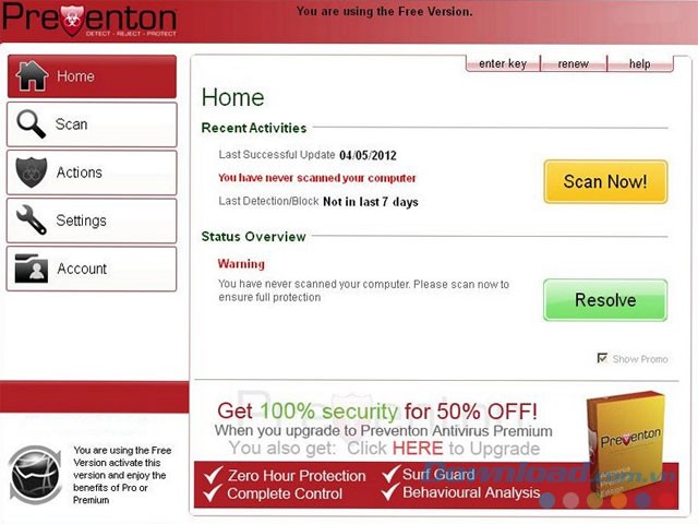 Giao diện phần mềm Preventon Antivirus