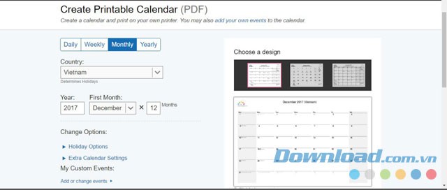 Giao diện chính của ứng dụng web Printable Calendar giúp người dùng tạo lịch và in một cách nhanh chóng