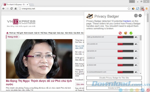 Các trạng thái của Privacy Badger cho Chrome
