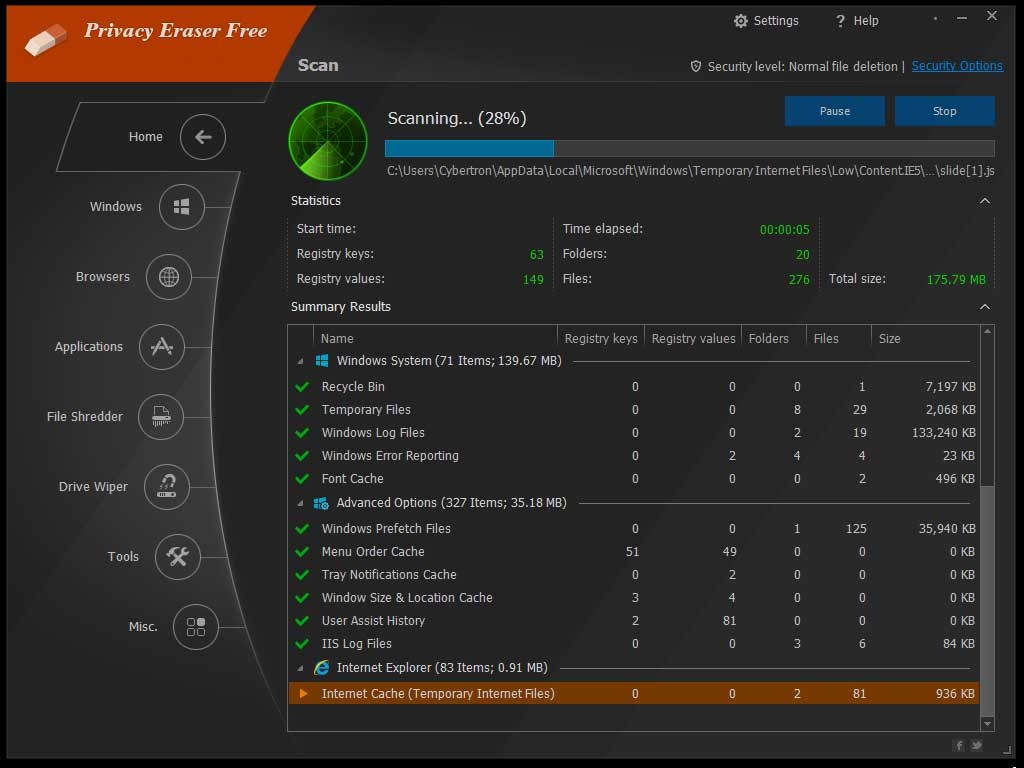 Privacy Eraser có khả năng quét hệ thống nhanh