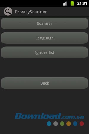 Giao diện sử dụng ứng dụng Privacy Scanner (Antispy) Free