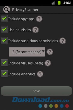 Giao diện sử dụng ứng dụng Privacy Scanner (Antispy) Free