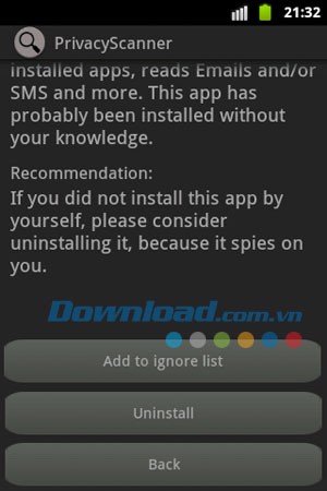 Giao diện sử dụng ứng dụng Privacy Scanner (Antispy) Free