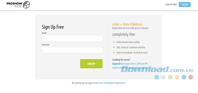 Đăng ký Proshow Web miễn phí