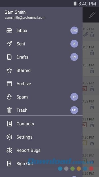 Menu ứng dụng ProtonMail