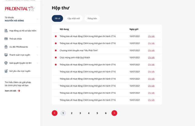 Giao diện thông báo của hoạt động tài khoản PRUonline