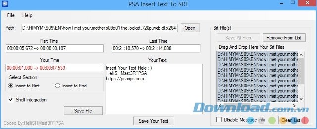 PSA Insert Text to SRT với giao diện chèn chữ vào video
