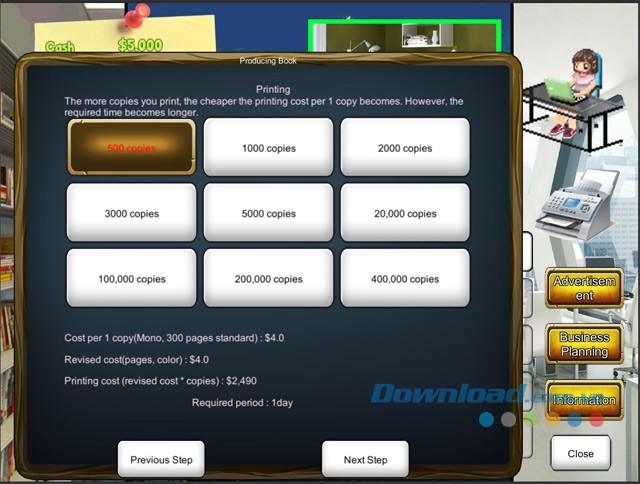 Lựa chọn số lượng bản sao cần in trong game mô phỏng mới Publisher Tycoon cho máy tính