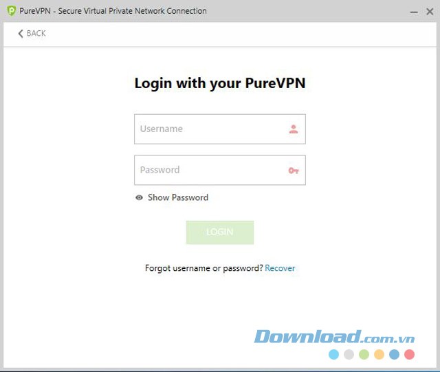 Đăng nhập vào tài khoản trong phần mềm mạng riêng ảo PureVPN cho máy tính