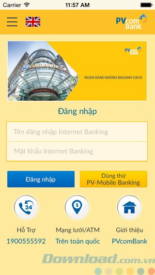 Giao diện đăng nhập PV Mobile Banking