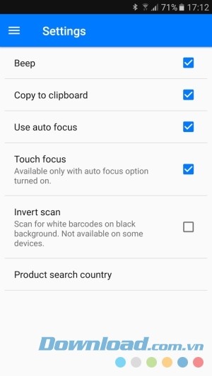 Phần cấu hình QR & Barcode Scanner Pro cho Android