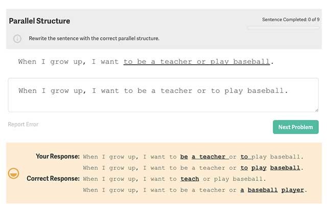 Quill Grammar cung cấp các bài tập viết và học ngữ pháp được cá nhân hóa