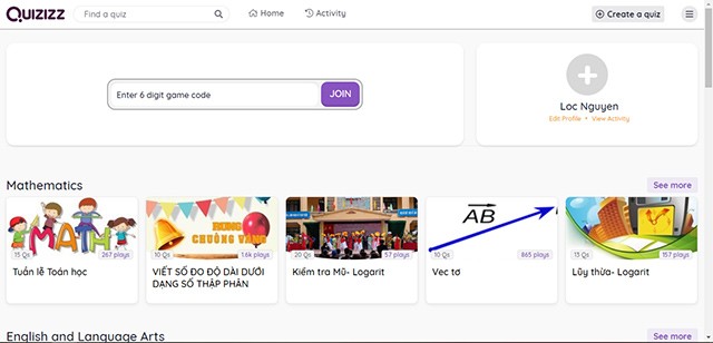 Giao diện chính của Quizizz - kho lưu trữ hàng triệu bộ câu hỏi trắc nghiệm thuộc nhiều chủ đề