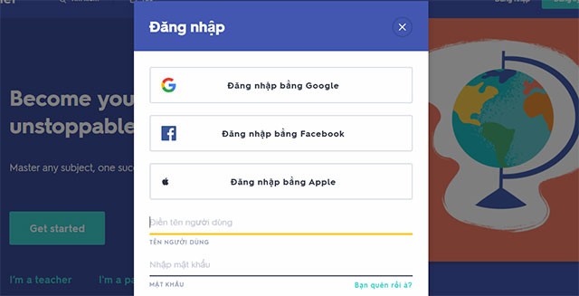 Đăng nhập Quizlet bằng Google, Facebook hay Apple ID