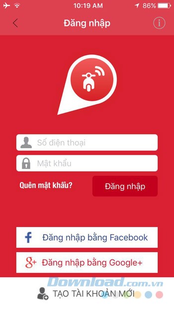 Giao diện đăng nhập Rada