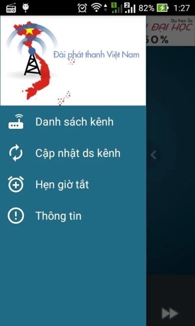Menu chính của ứng dụng Radio Việt Nam cho Android