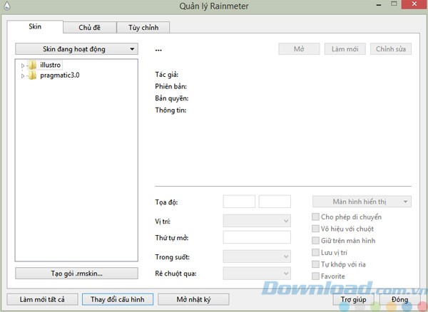 Giao diện quản lý của Rainmeter