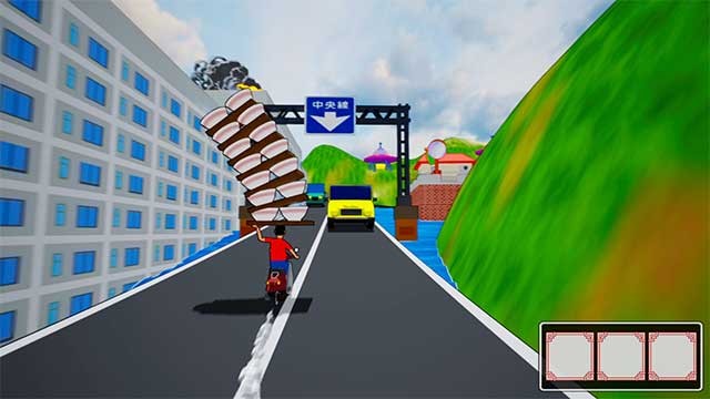 Nhảy lên xe tay ga và đi giao những chồng bát ramen cao ngất