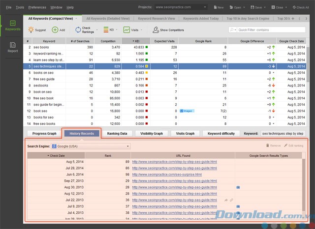 Xem lịch sử kiểm tra thứ hạng