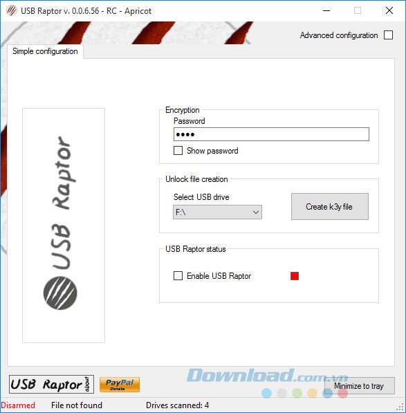 Giao diện chính của phần mềm khóa và mở khóa hệ thống USB Raptor cho máy tính