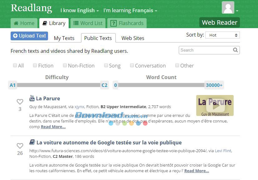 Mục Library trong Readlang là kho tài liệu khổng lồ