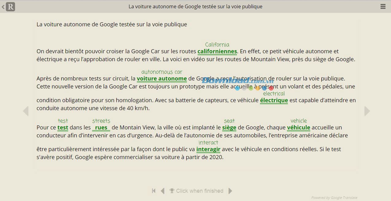 Giao diện bài dịch hiện ra sau khi bạn chọn văn bản