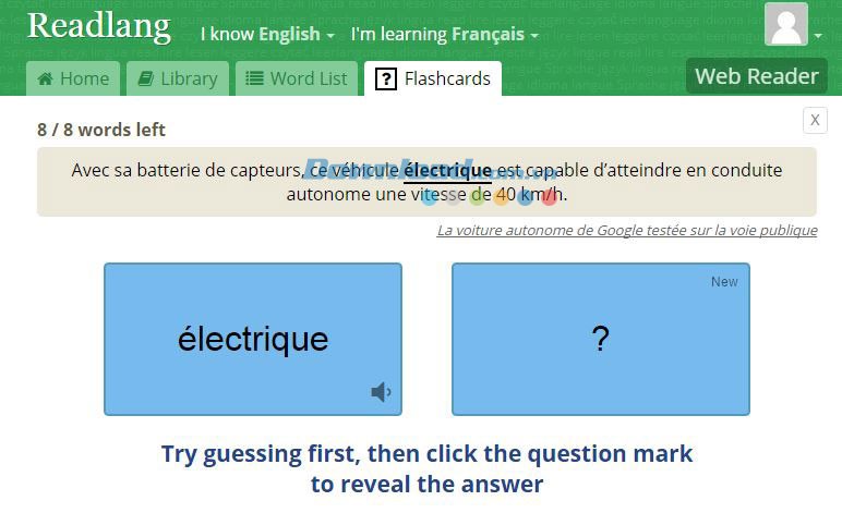 Flashcard trong Readlang