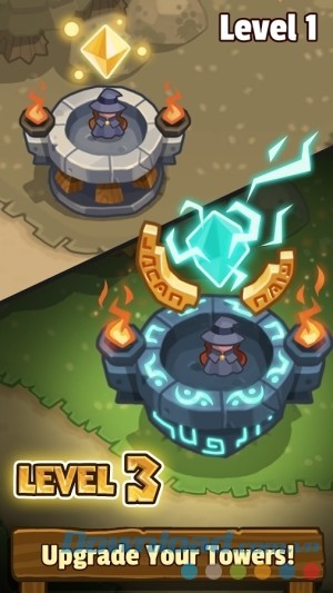 Nâng cấp tòa tháp tăng sức mạnh phòng thủ trong Realm Defense: Hero Legends TD cho Android