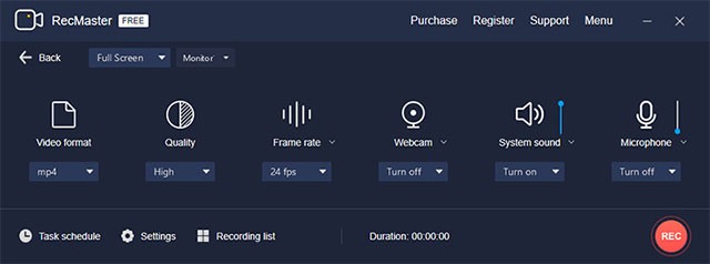 Các thiết lập cho video quay màn hình máy tính mà RecMaster cung cấp