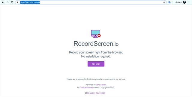 Giao diện chính của công cụ quay video màn hình trên trình duyệt - RecordScreen.io