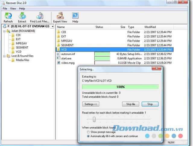 Giao diện chính của ứng dụng Recover Disc cho máy tính