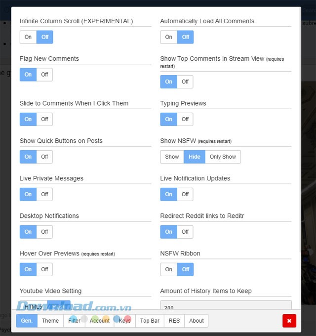 Các lựa chọn cài đặt Reditr