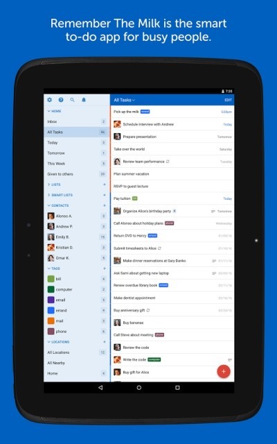 Remember The Milk khi xem trên máy tính bảng Android