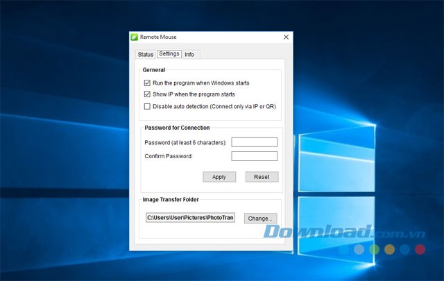 Giao diện chính của ứng dụng điều khiển từ xa Remote Mouse cho máy tính