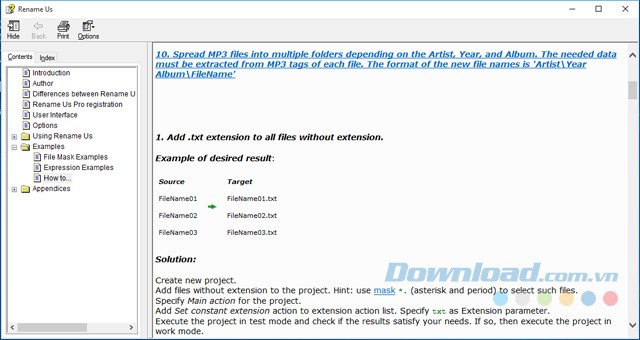 Xem phần trợ giúp hữu ích của phần mềm đổi tên hàng loạt file Rename Us