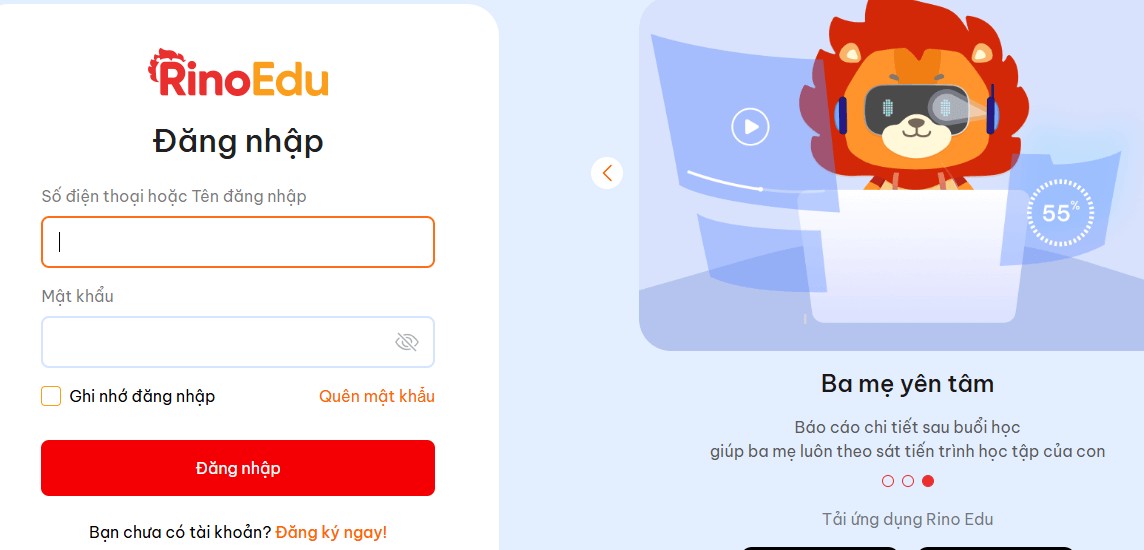 Giao diện đăng nhập tài khoản Rino Edu