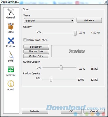 Cài đặt của RocketDock