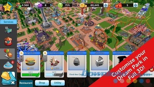 RollerCoaster Tycoon Touch cho iOS tùy chỉnh công viên toàn diện trên nền đồ họa 3D