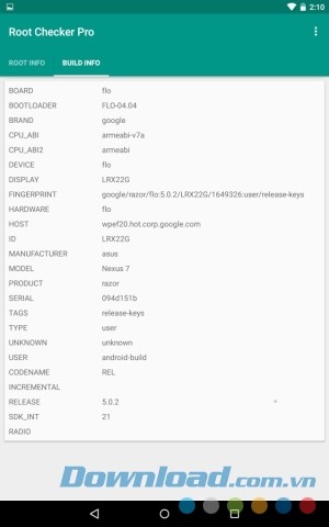 Root Checker Pro cho Android cung cấp thông tin phiên bản