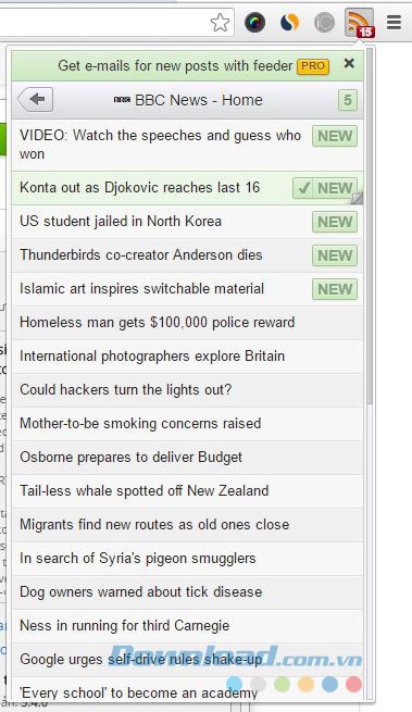 Danh sách bài báo của từng RSS Feed