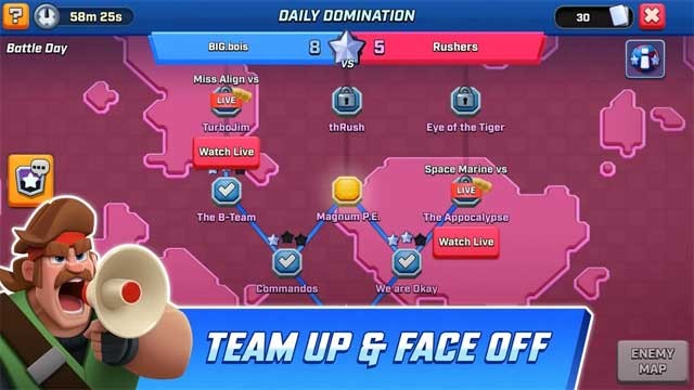 Lập đội và đối mặt với team đối địch từ khắp nơi trên thế giới trong game Rush Wars