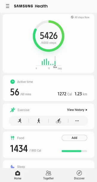 Giao diện chính của ứng dụng Samsung Health for Android