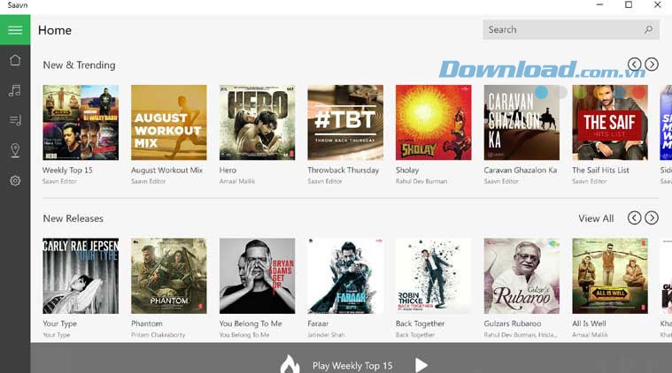 Giao diện ứng dụng nghe nhạc Ấn Độ Saavn cho Windows