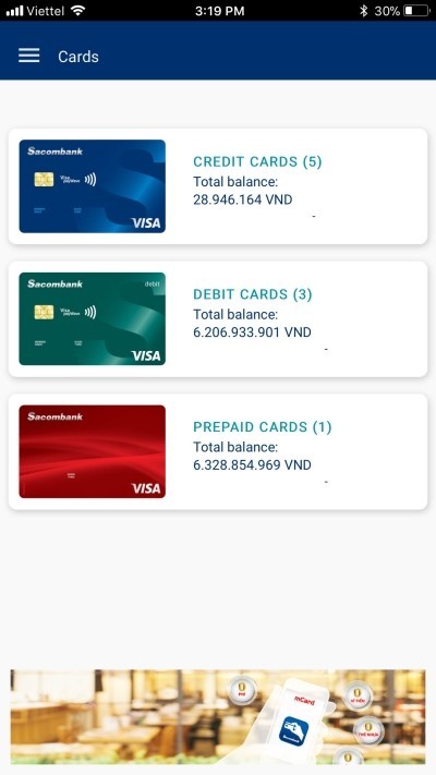 Quản lý thẻ trên Sacombank mBanking cho iOS