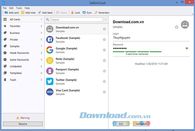 Giao diện chính của SafeInCloud trên máy tính