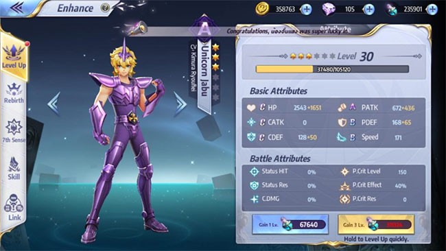 Hệ kỹ năng của Unicorn Jabu trong Saint Seiya: Awakening