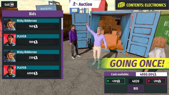 Tham gia những phiên đấu giá may rủi trong Salvage Shop Simulator để sở hữu container hàng giá trị